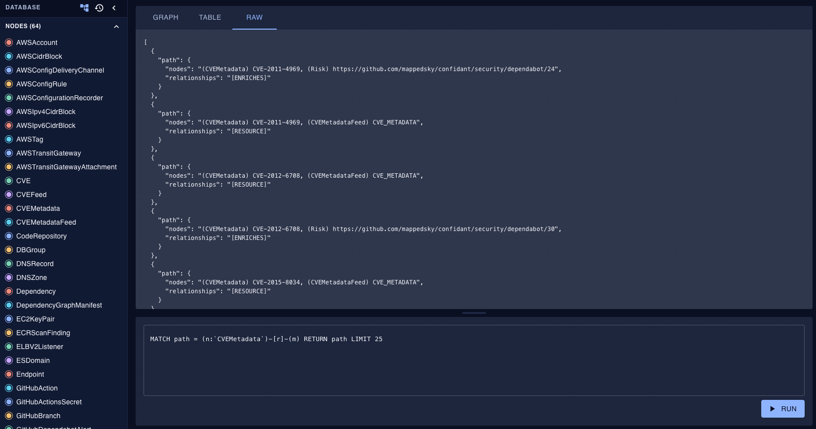 raw view in the query console showing full JSON path objects