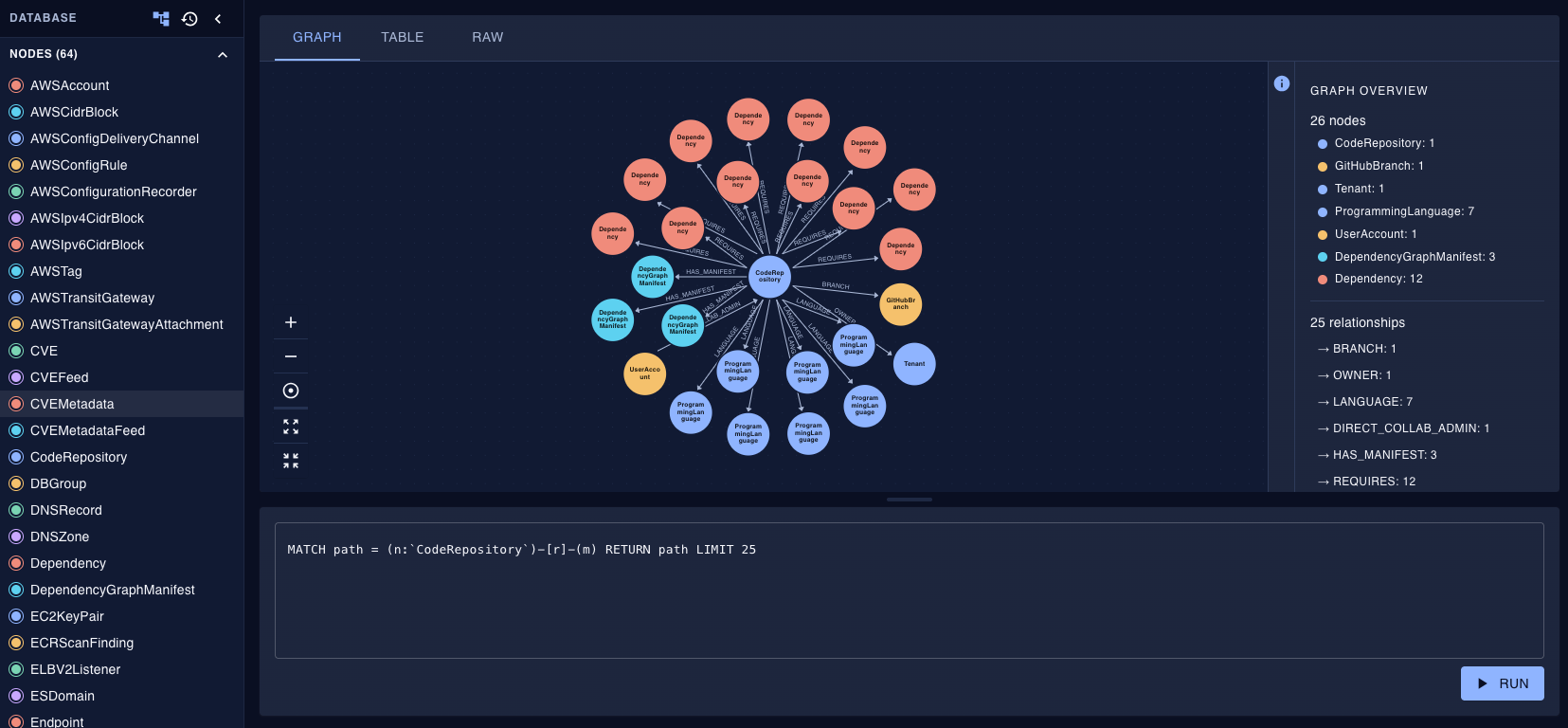 graph view in the query console showing a node-link diagram with schema panel and Cypher editor