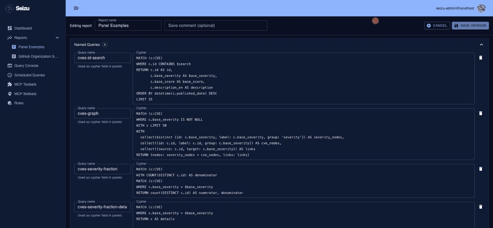 Seizu report editor showing named Cypher queries