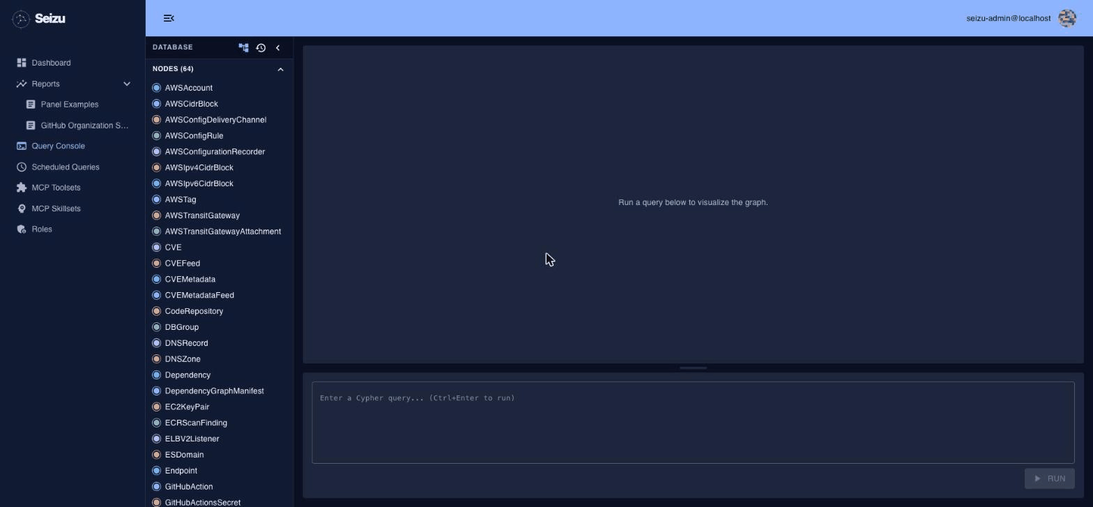 Seizu query console with schema browser and Cypher input